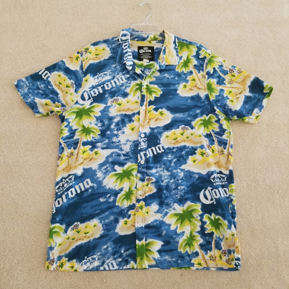 Corona Logo Beach Print Hawaiian Shirt Size XL